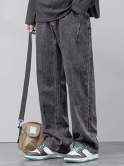 Men's Black Washed Denim Pants Loose Fit All-Season Casual with Fold Design