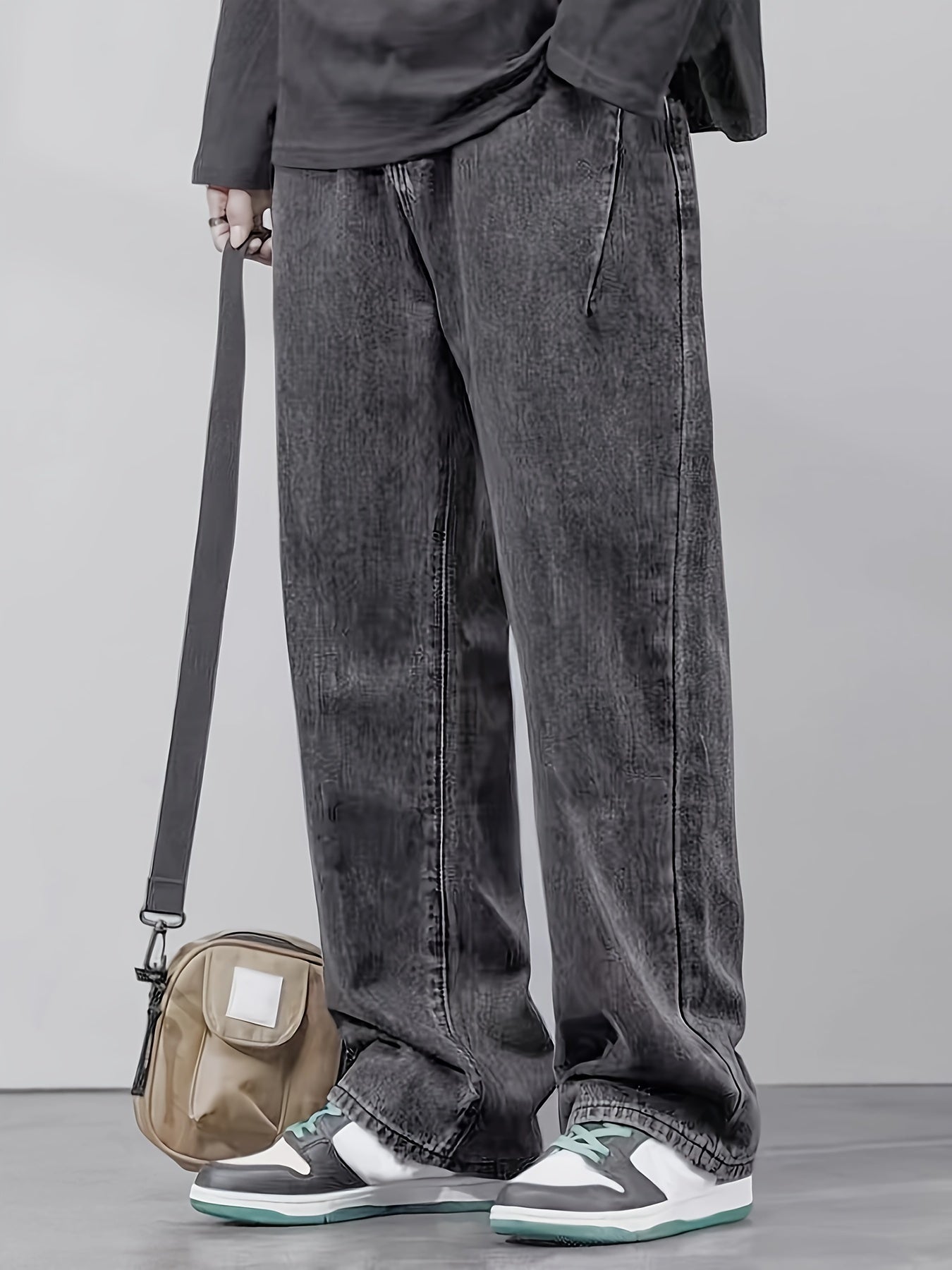 Men's Black Washed Denim Pants Loose Fit All-Season Casual with Fold Design