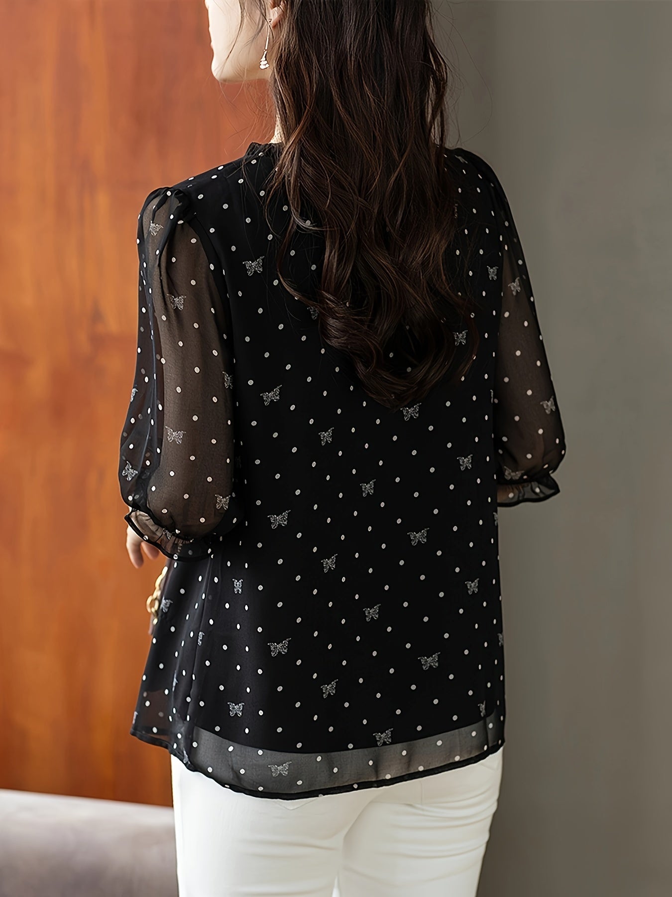 Black Floral Chiffon Blouse with Bow Tie Neck Sheer Sleeves Summer 2024