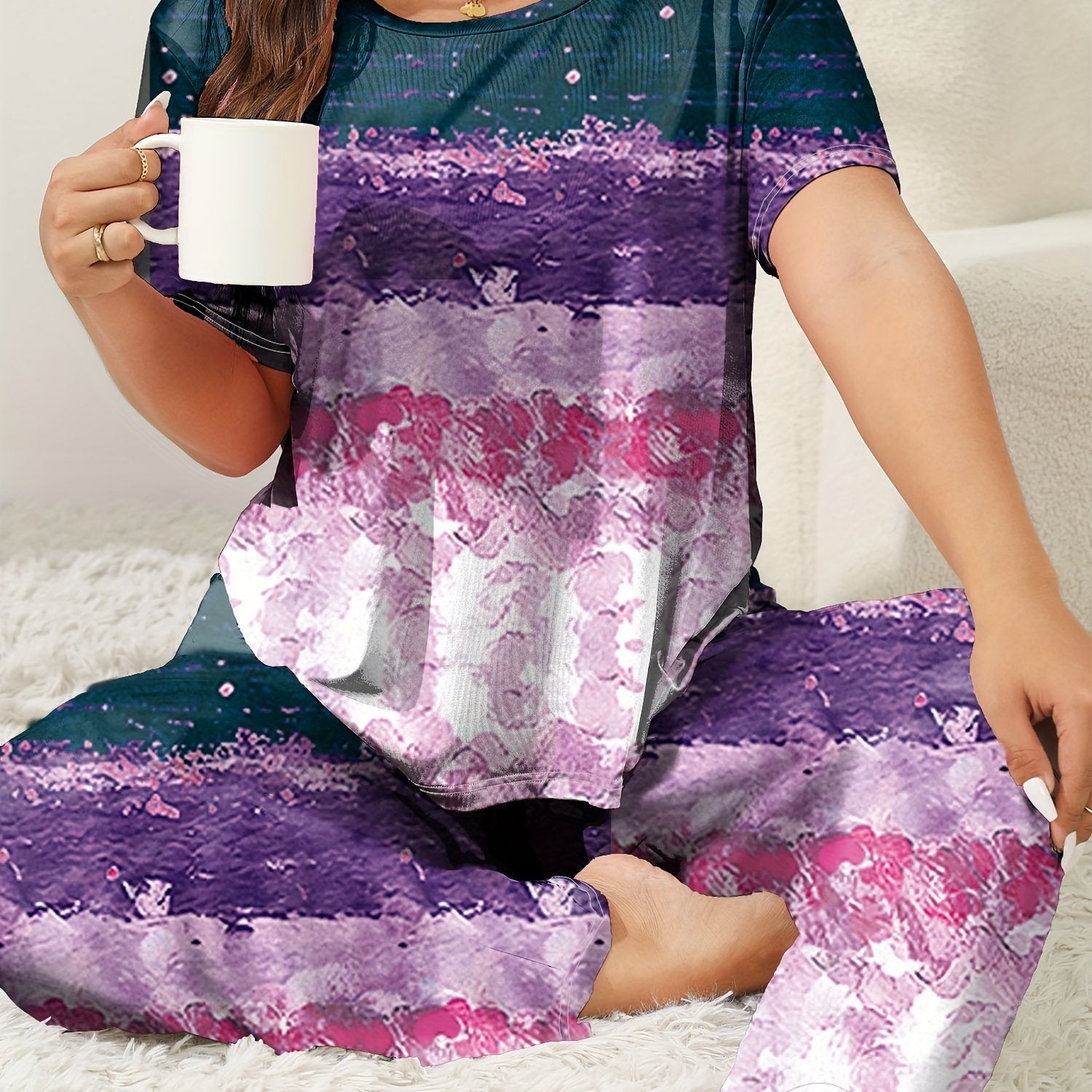 Women's Plus Size Lounge Pajama Set Short Sleeve Crew Neck Painting Print