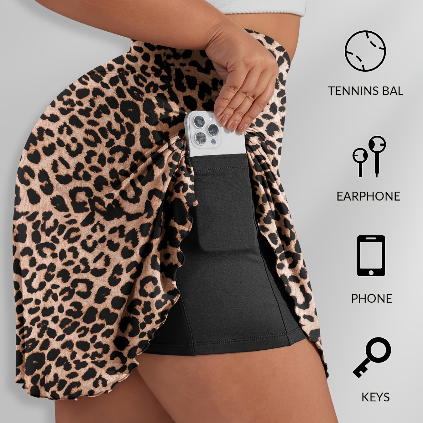 Plus Size Women's Leopard Print High-Waist Skort with Pockets Athletic Shorts