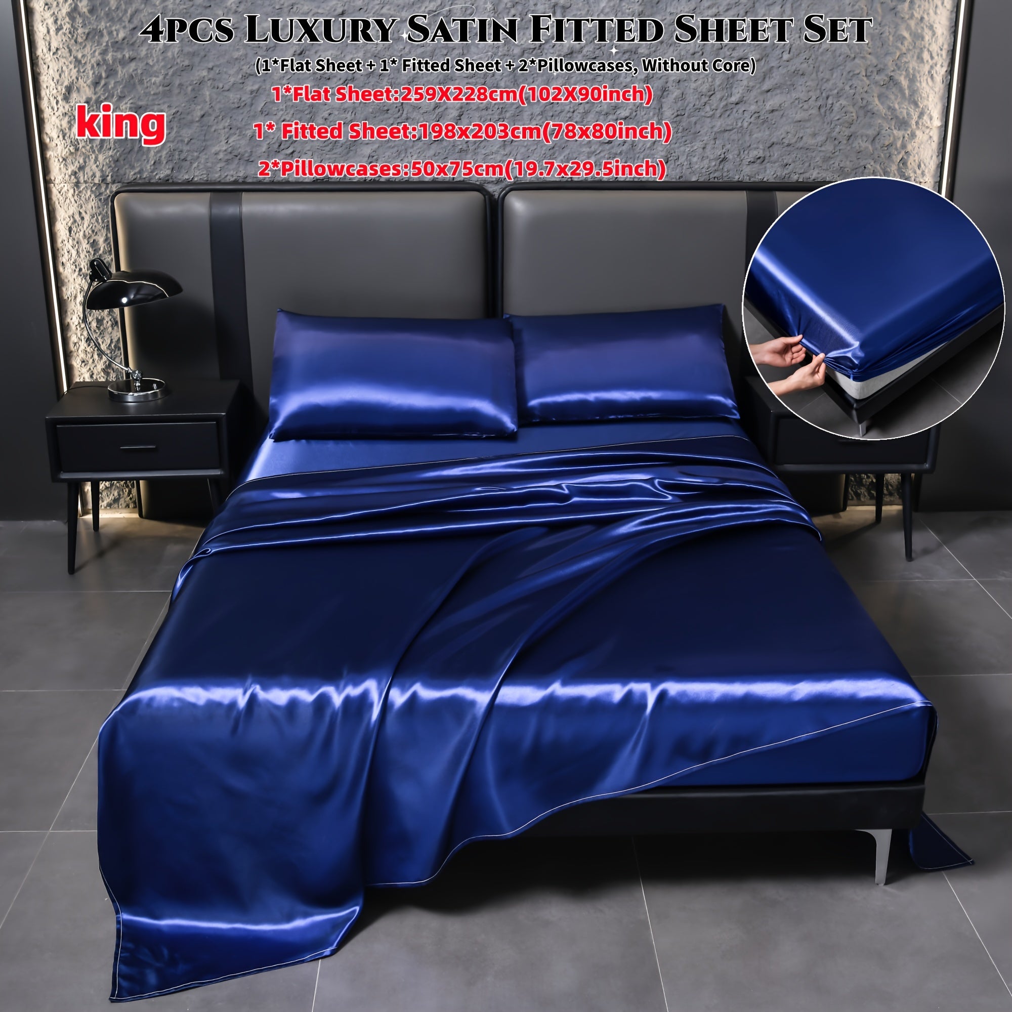 Juego de sábanas de satén de 4 piezas, reversible, transpirable, antideslizante, de color sólido para dormitorio, invitados, hotel