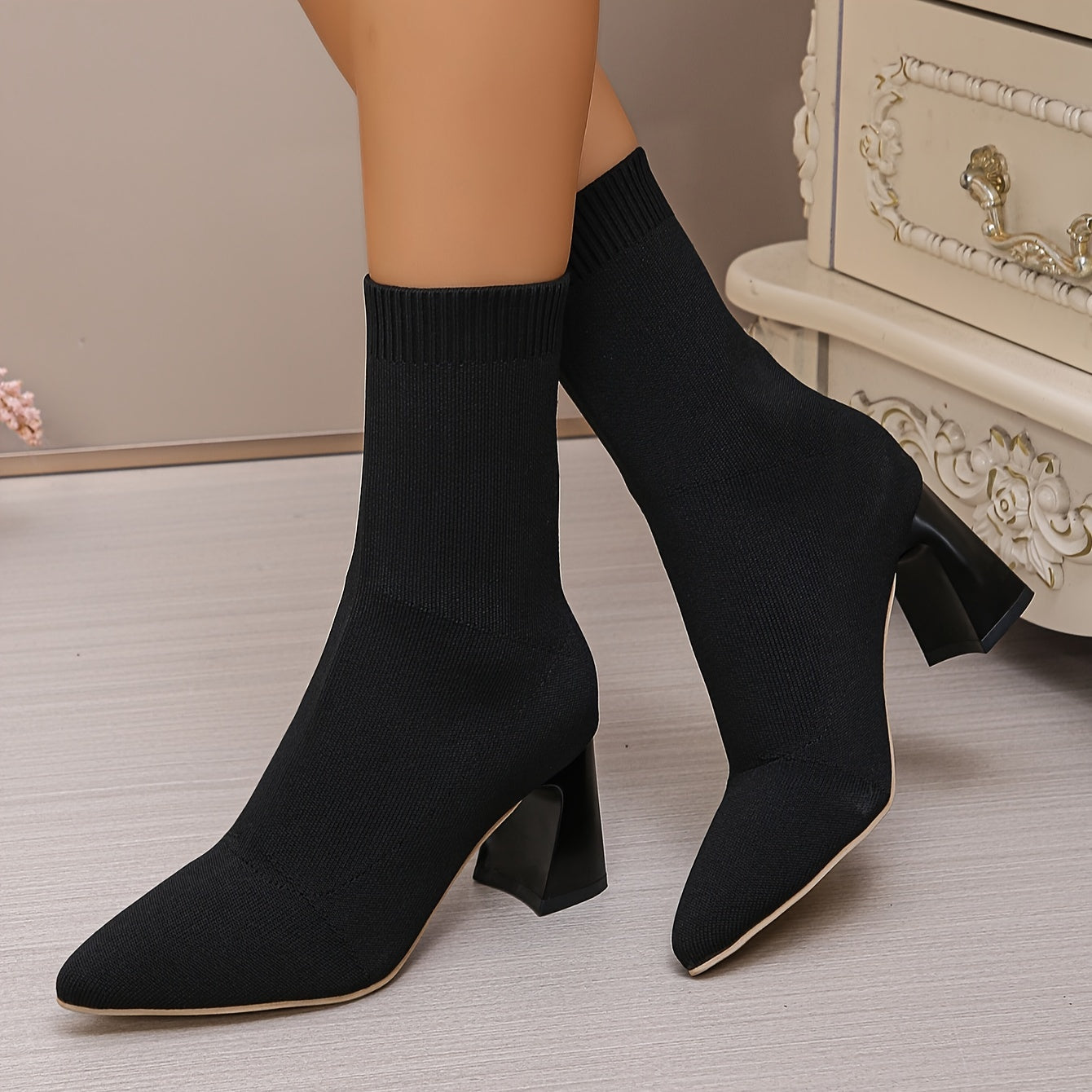 Women's Elastic Ankle Booties All-Season Knit Pointed Toe Block Heels