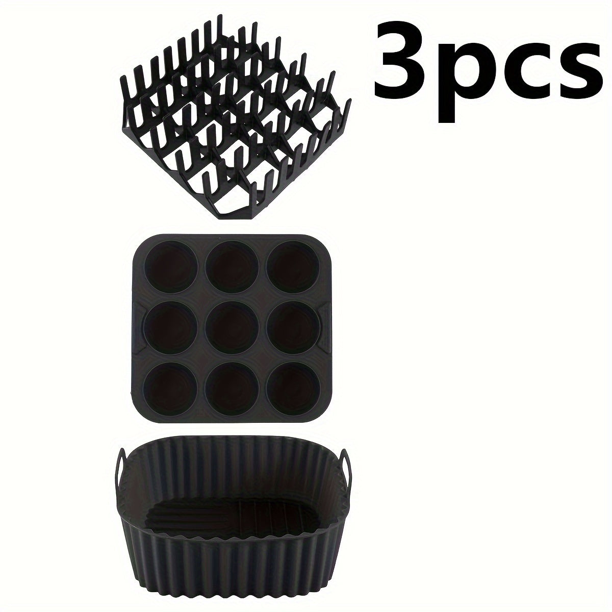 Square Silicone Air Fryer Accessories Set with Bacon Rack Cake Mold and Liner Black