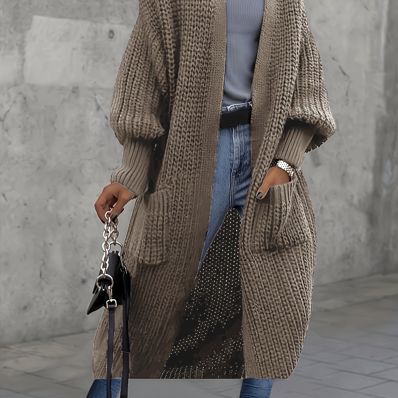 Plus Size Women's Rib Knit Open Front Longline Cardigan Gray