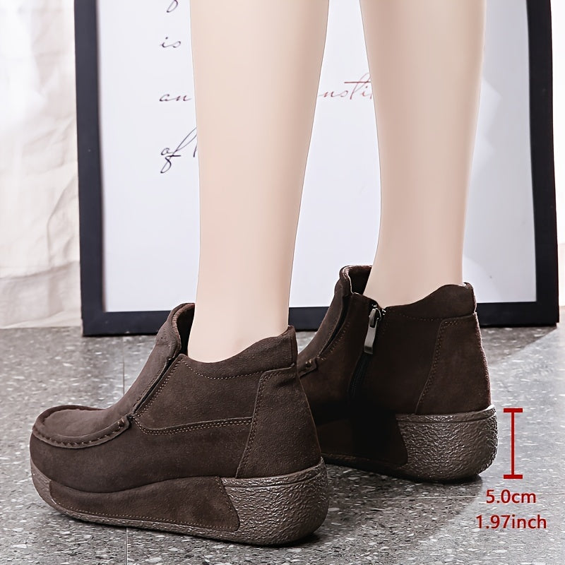 Women's Fleece-Lined Faux Leather Ankle Boots Brown Platform Winter