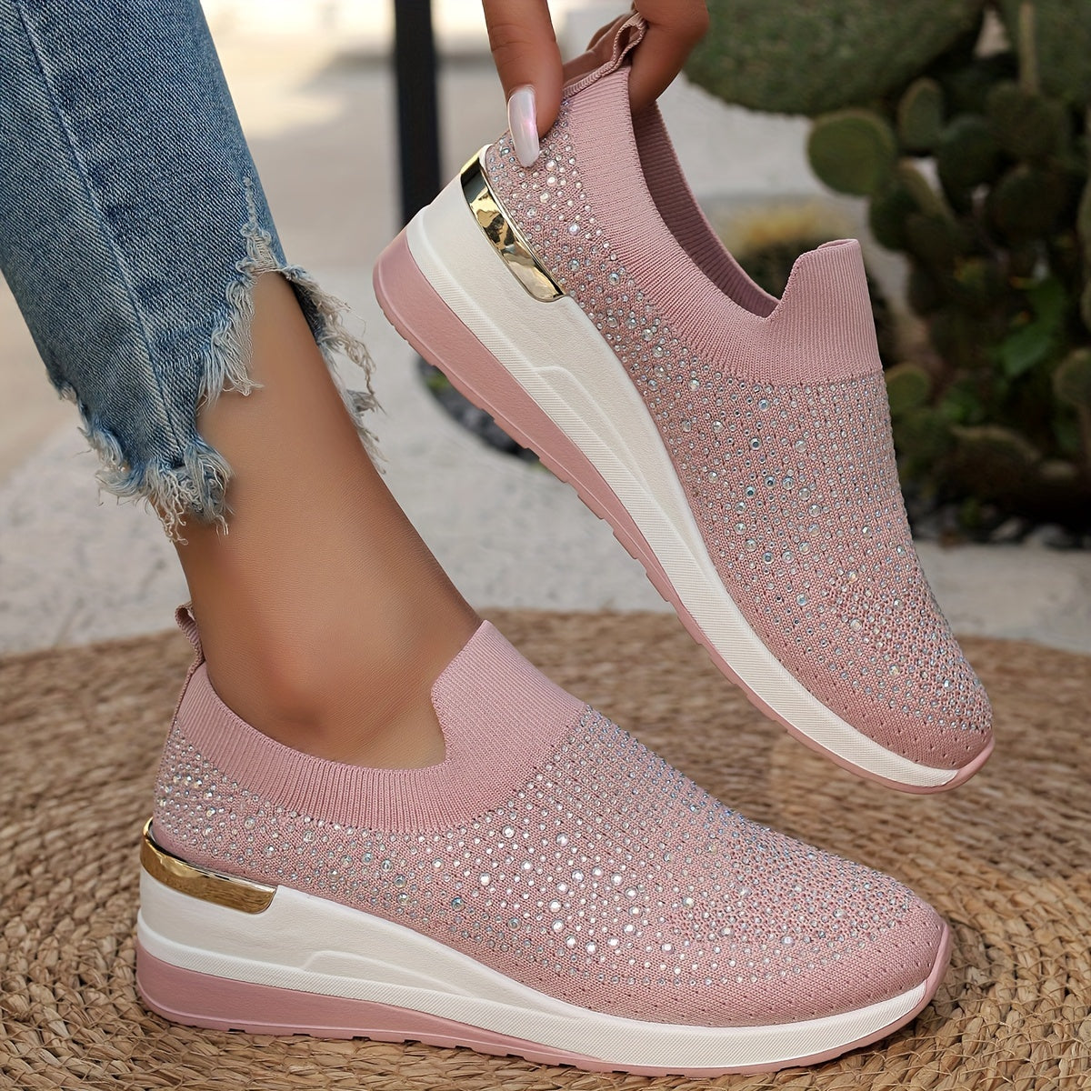 Women's Rhinestone Decor Platform Sneakers Casual Slip-On Outdoor Shoes