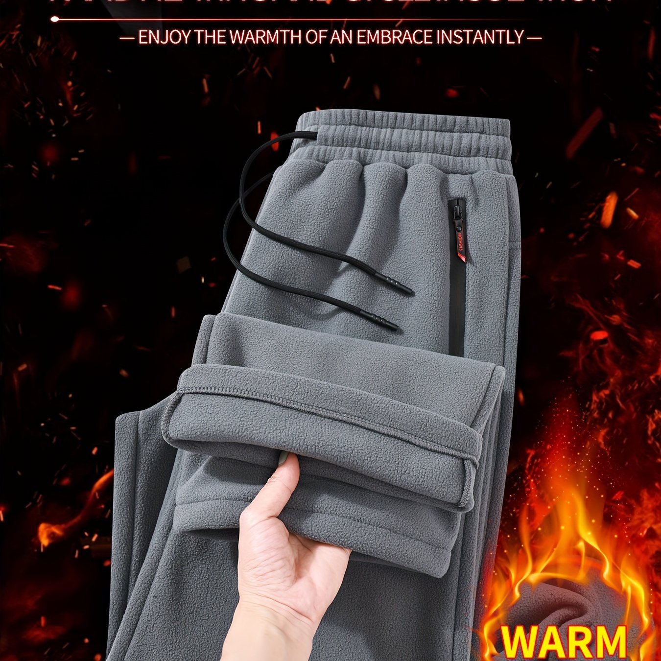 Pantalones jogger de felpa gris para hombre, con cremallera impermeable y bolsillos laterales, ropa casual de invierno para deportes