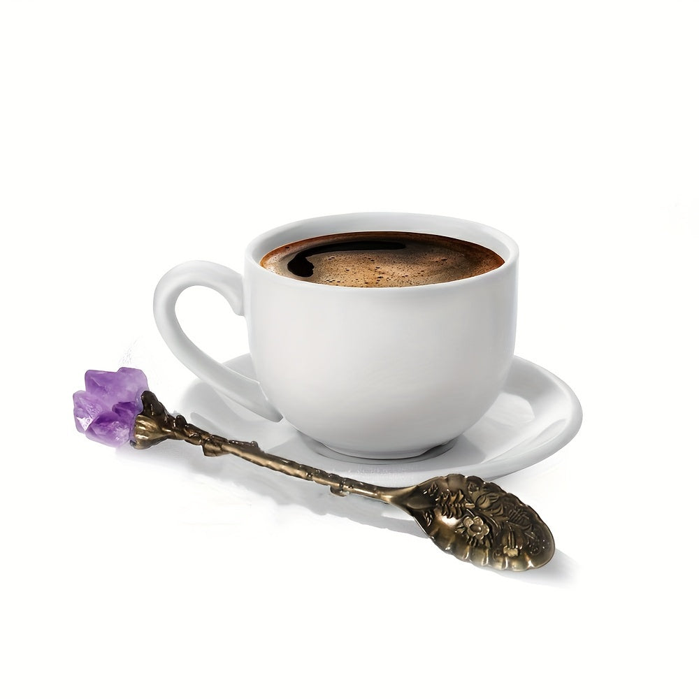 Set of Four Natural Amethyst Spoons with Tooth Flower Pattern for Desserts and Coffee