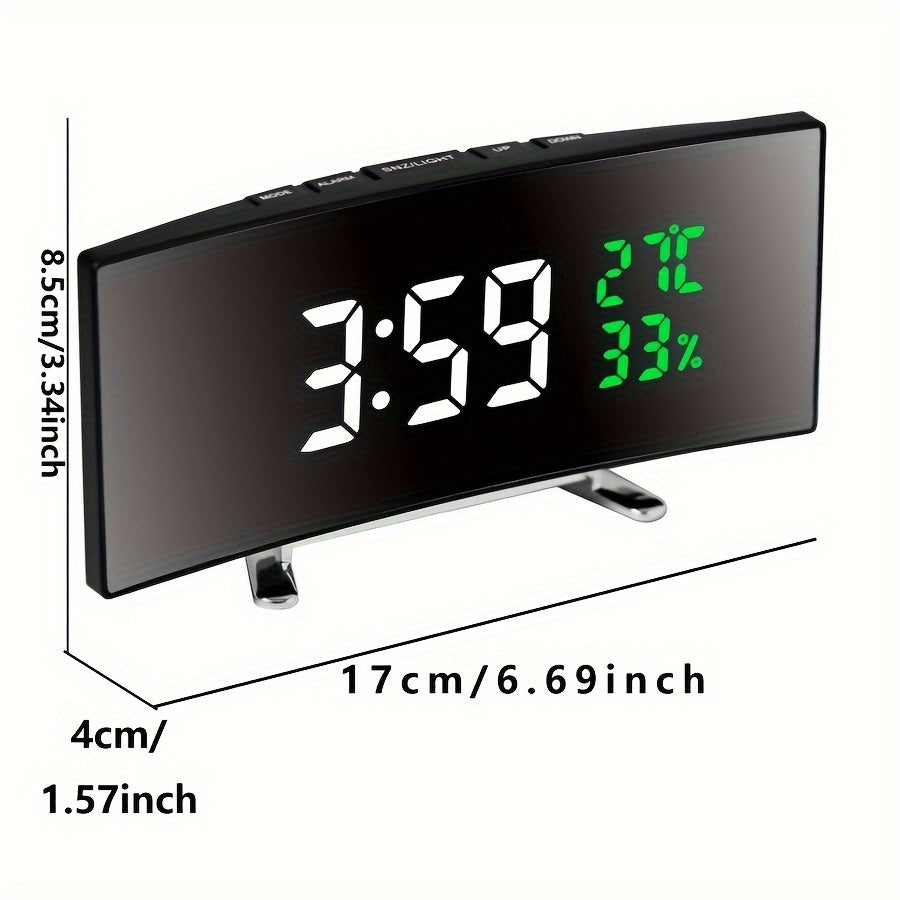 Black LED Curved Alarm Clock with Temperature Humidity Display and USB Battery Power