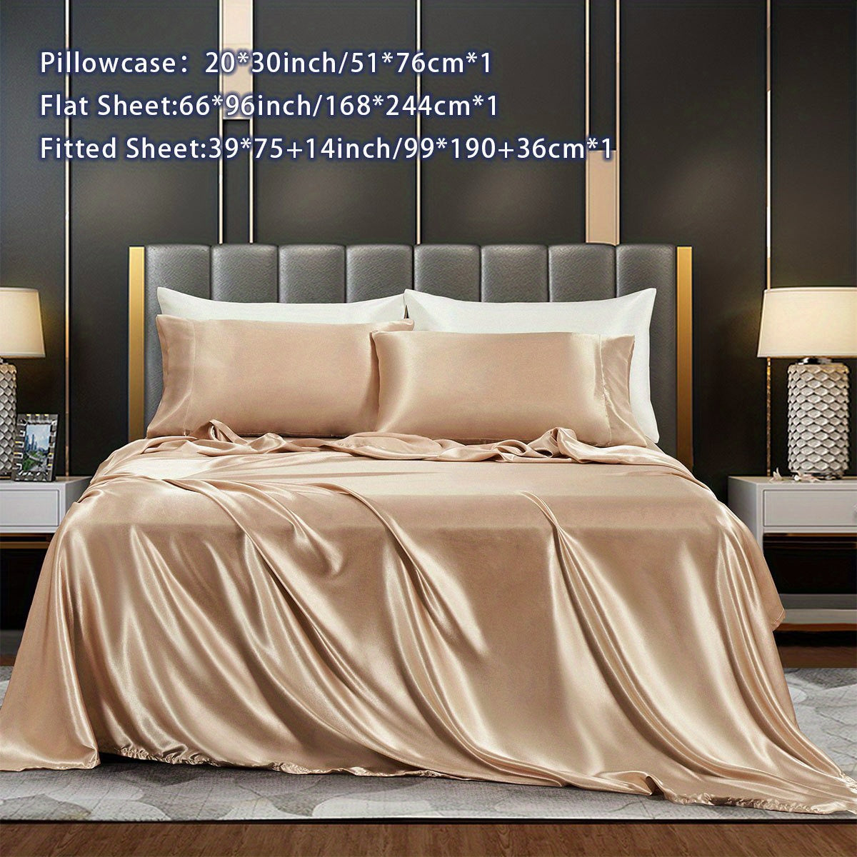 Satin Bed Sheets Set Fitted and Flat Sheets with Pillowcases for Bedroom