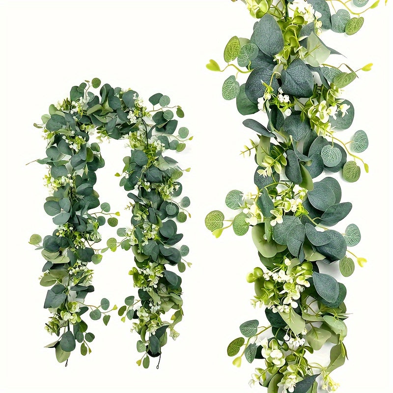 5-Pack Faux Eucalyptus Garland with White Flowers 179.83cm Artificial Silver Dollar Leaves for Home Decor Outdoor Patio