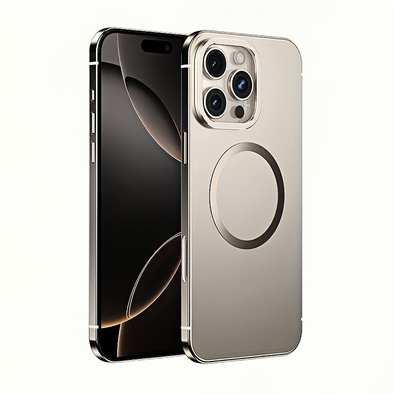 iPhone 16 Pro Max Case Stainless Steel Frame Magnetic Wireless Charging Frosted PC Back Cover