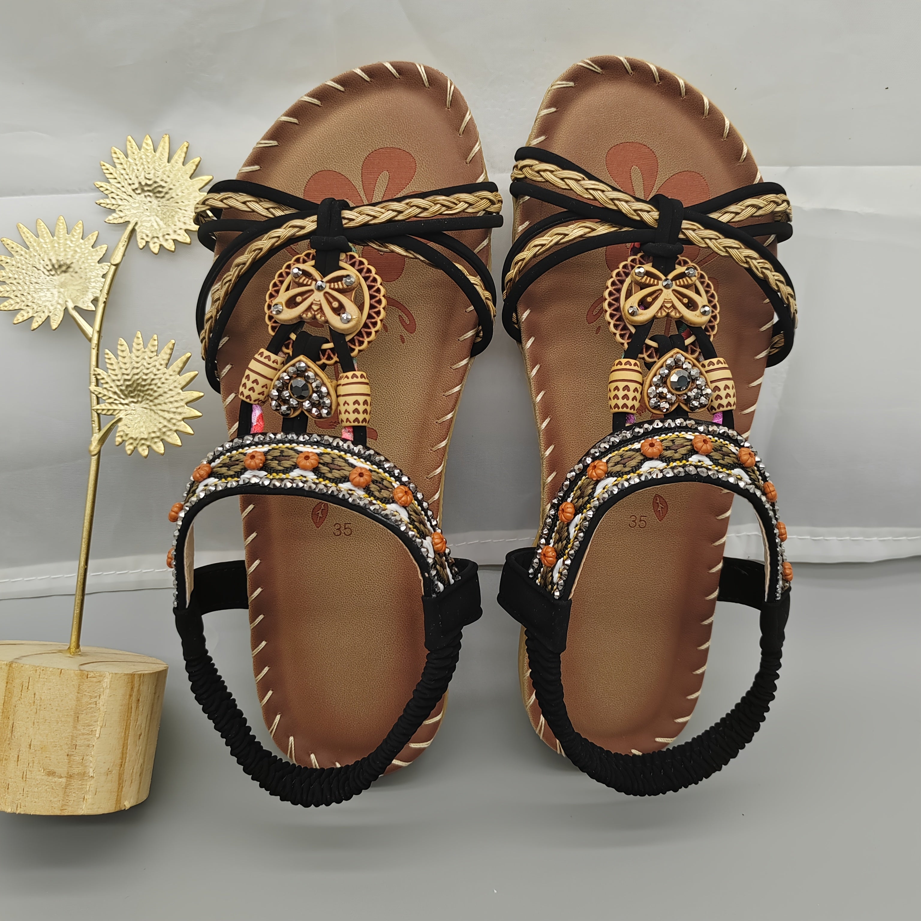 Women Bohemian Flat Sandals Adjustable Ankle Strap Round Toe Black White Orange