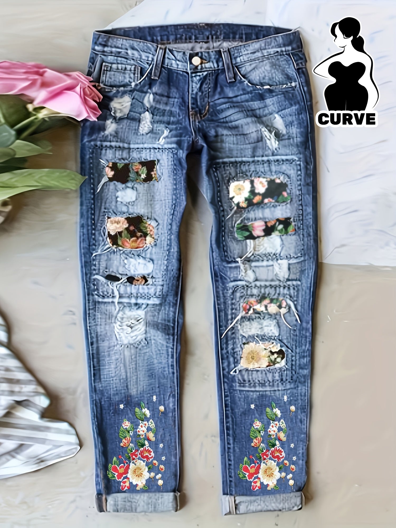 Plus Size Floral Patchwork High-Waisted Skinny Jeans High Rise Denim