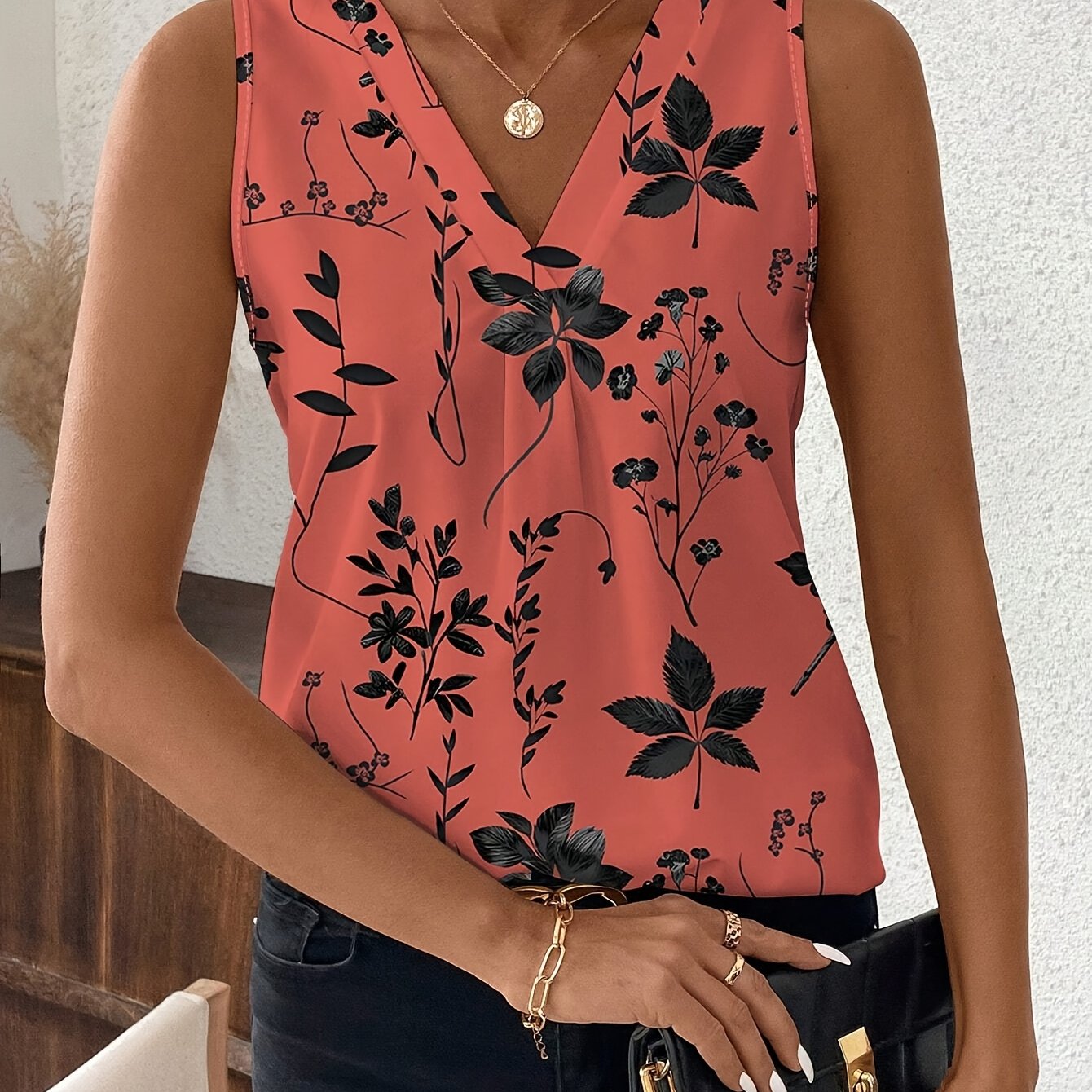 Women's V-Neck Sleeveless Blouse Lightweight Polyester Black Beige Abstract Print