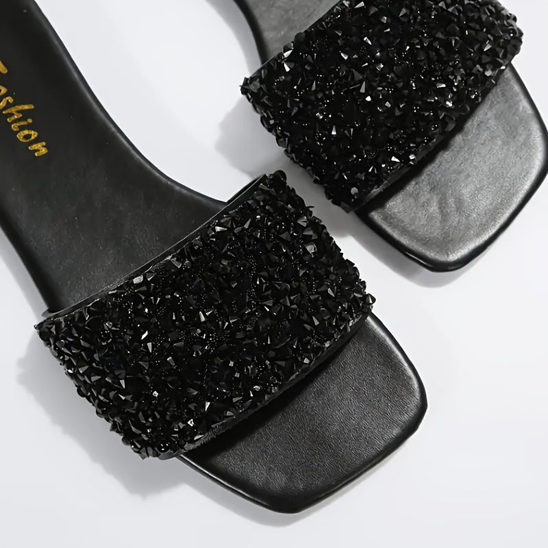 Women's Black Wide-Strap Rhinestone Flat Sandals Casual Vacation Ready