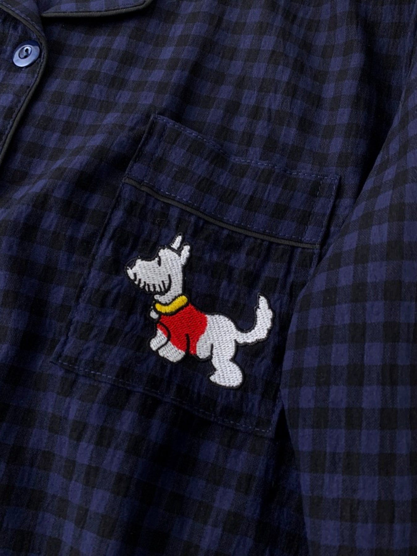 Women's Embroidered Puppy Plaid Pajama Set Plus Size Long Sleeve Casual Sleepwear