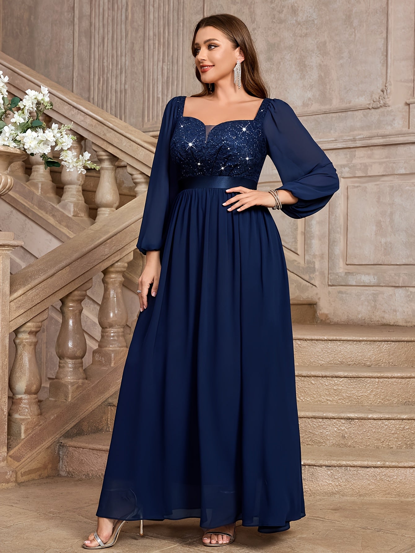 Plus Size Women's Sequin Lace Chiffon Evening Gown with Puff Sleeves