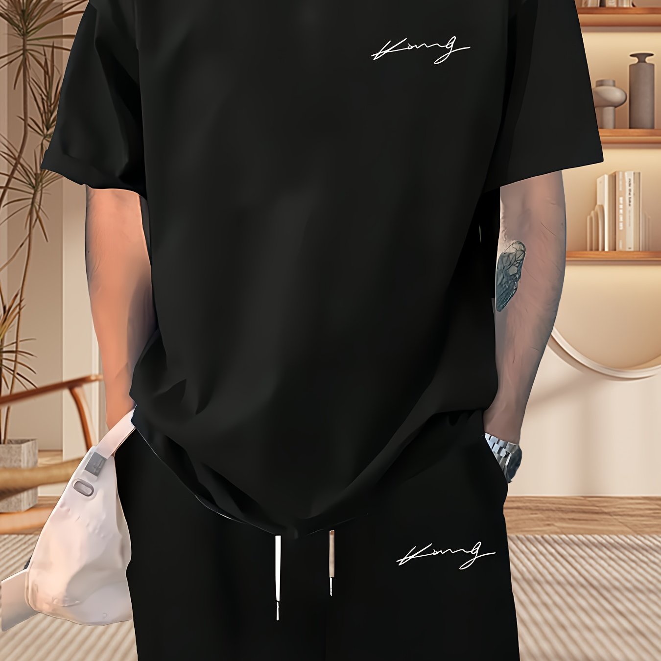 Men's Casual Two-Piece Set Short-Sleeve T-Shirt and Drawstring Shorts for Spring Summer Sports