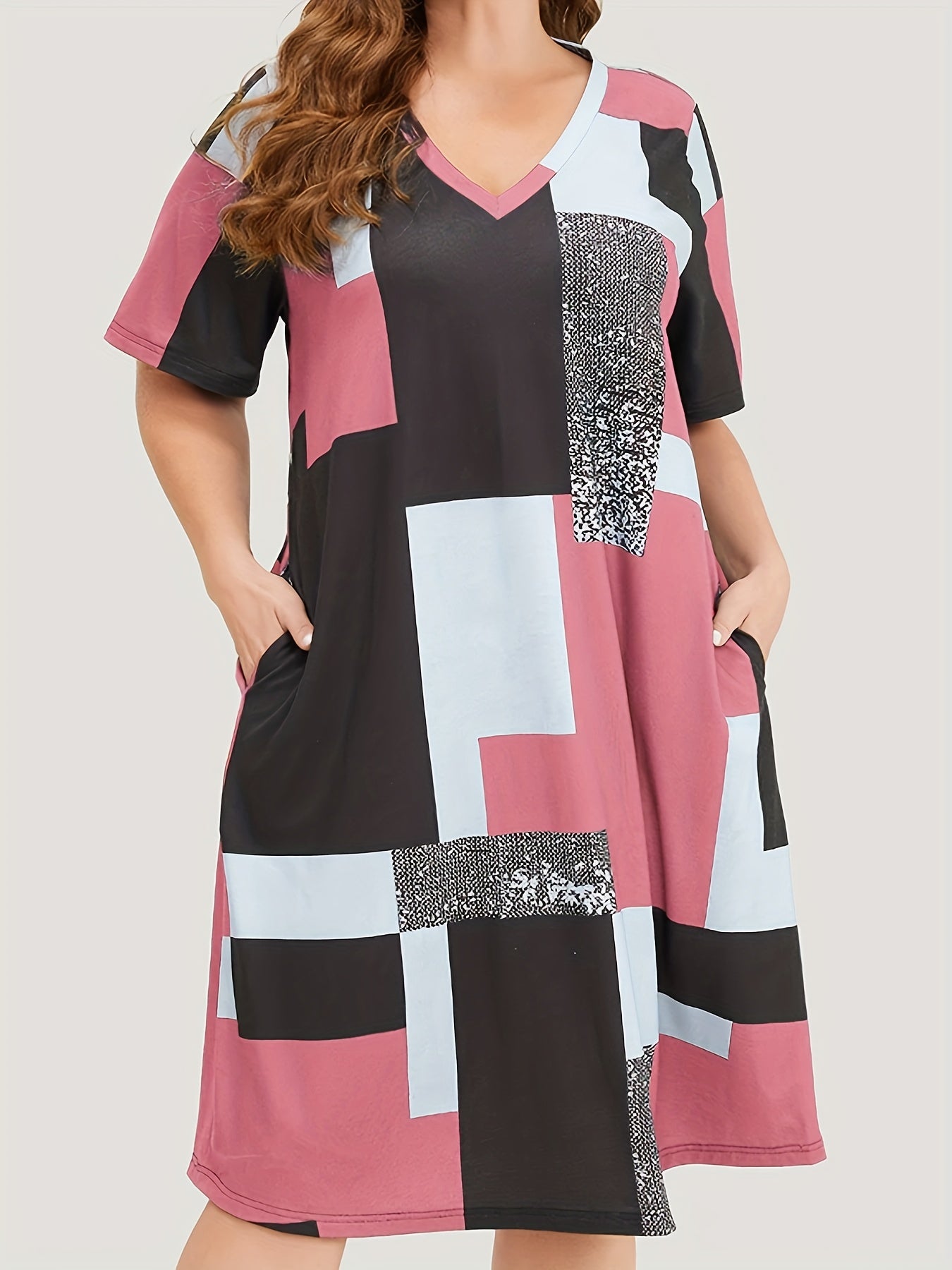 Plus Size Lounge Dress Women's Patchwork Print V Neck Sleep Dress With Pockets