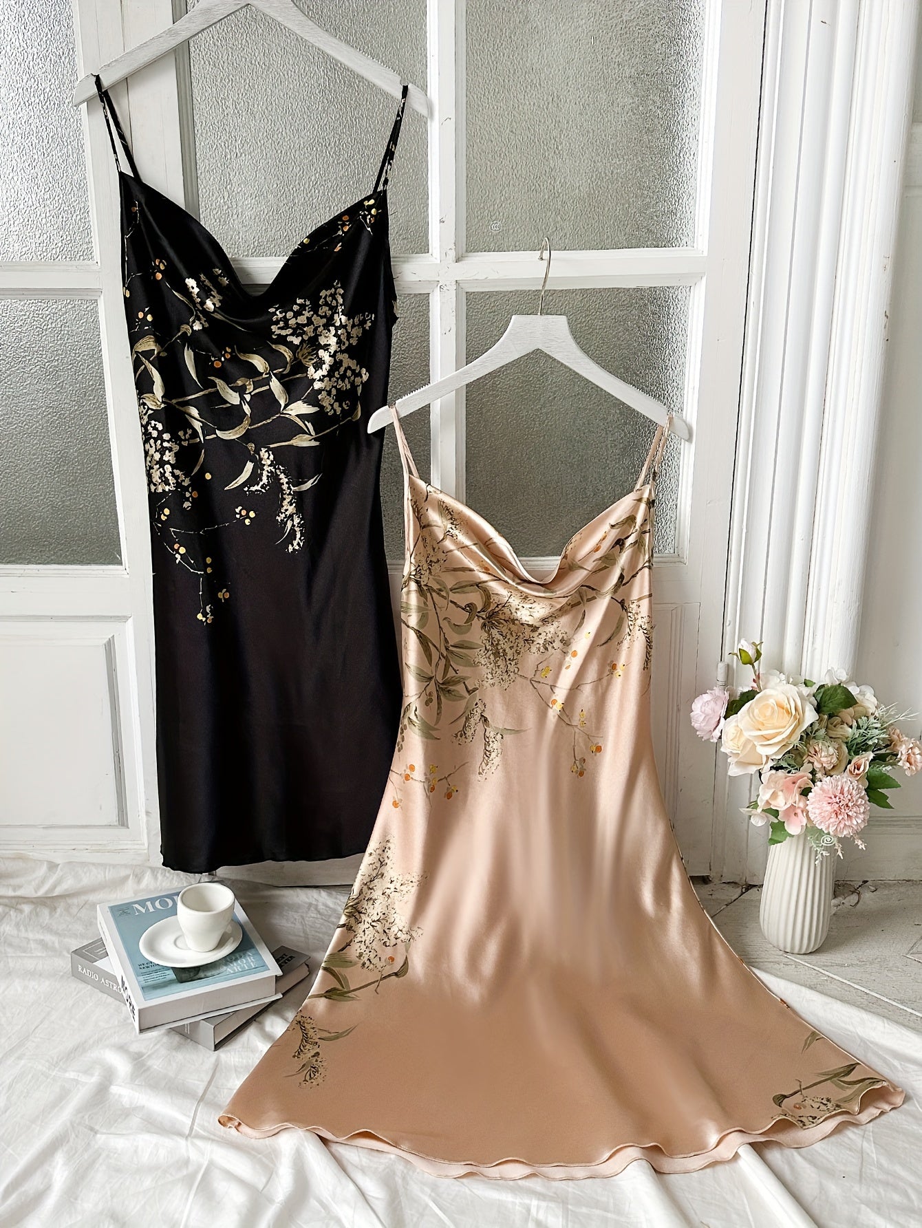 2 Ta'ffusli Printli Saten Uxlash Liboslari Ayollar Uchun, Orqa Qismida Turtlenek Slip, Qulay Tunika