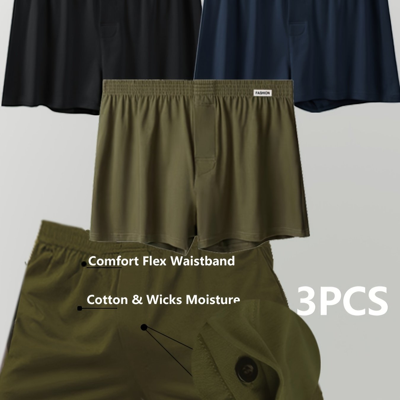 Men's Cotton Boxer Briefs 3 Pack Black Navy Light Blue Elastic Waist No-Ride