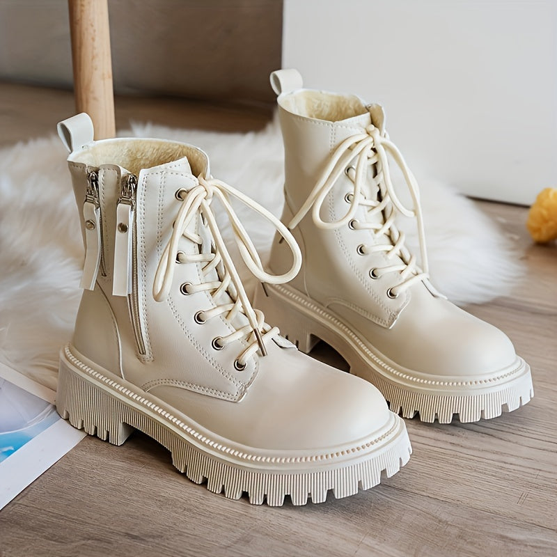 Women's Ankle Booties Mid Heel Platform Lace-Up Winter Rubber Sole