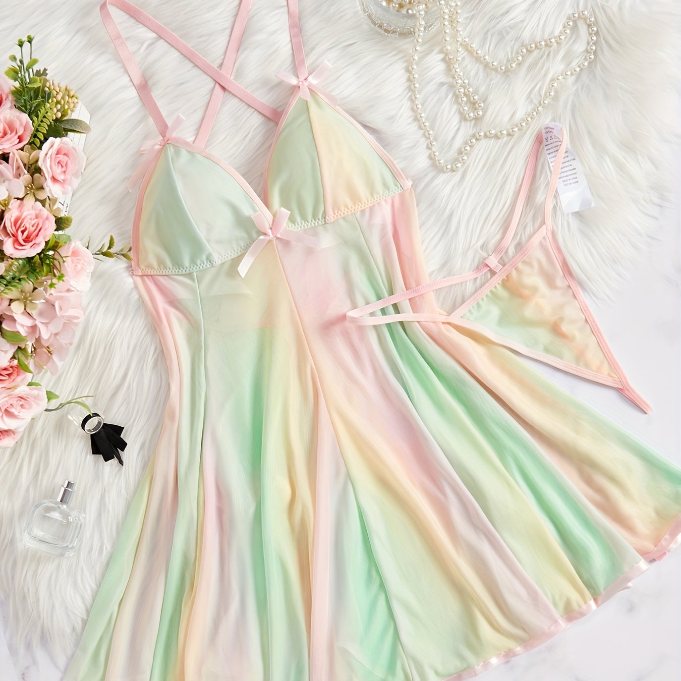 Women's Ombre Mesh Lingerie Set Slip Dress and Thong Polyester Blend Hand Wash