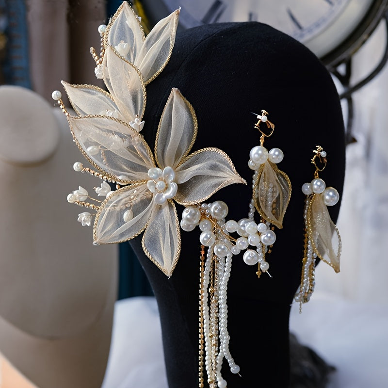 Flower Faux Pearl Tassel Hair Clips Set for Bridal Wedding Party Cosplay and Decorations