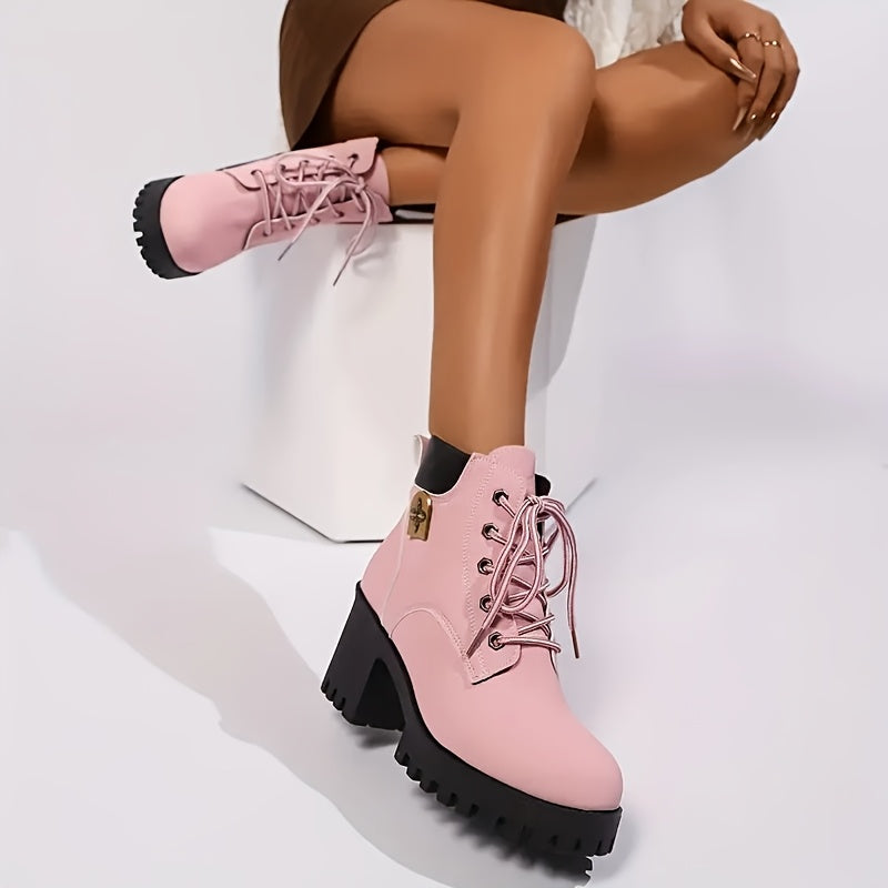 Women's Pink PU Synthetic Chunky Platform Ankle Boots for All Seasons