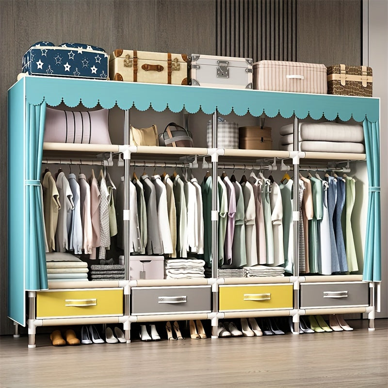 4 ta tortma va 4 ta osma kiyim ustuni bilan qulay kiyim saqlash uchun mustahkam po'lat quvurli shkaf. Silliq po'lat ramkali, mustahkam rangli mato shkafi va tortmalar va shkafni oddiy yig'ish. Oson ko'chiriladigan shkaf variant.