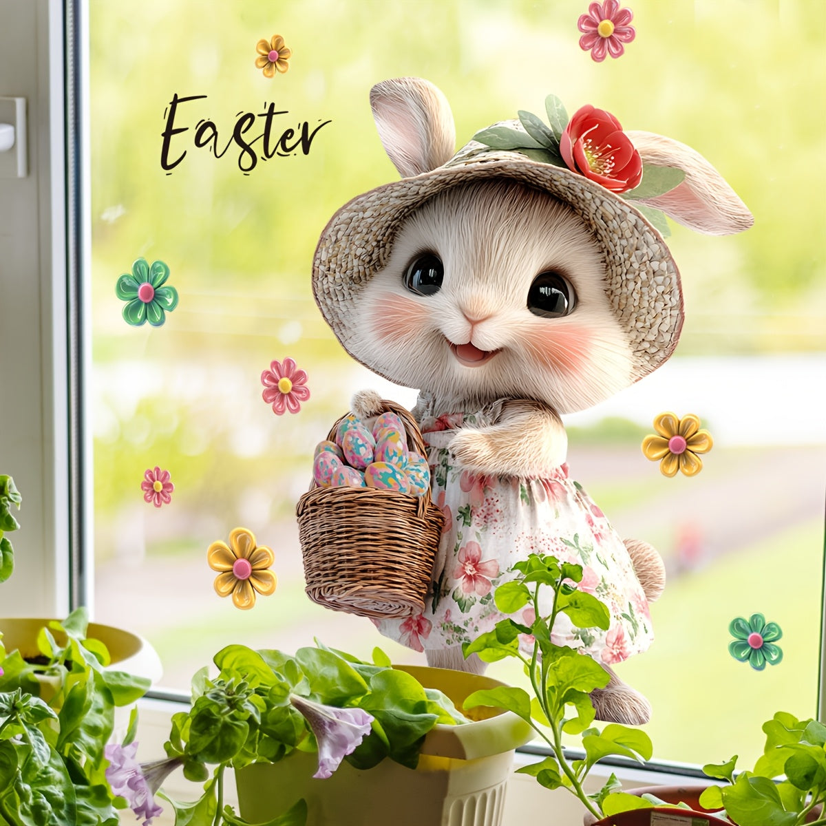 Easter Bunny and Eggs Floral Window Cling 20x30cm Reusable PVC Sticker Decor