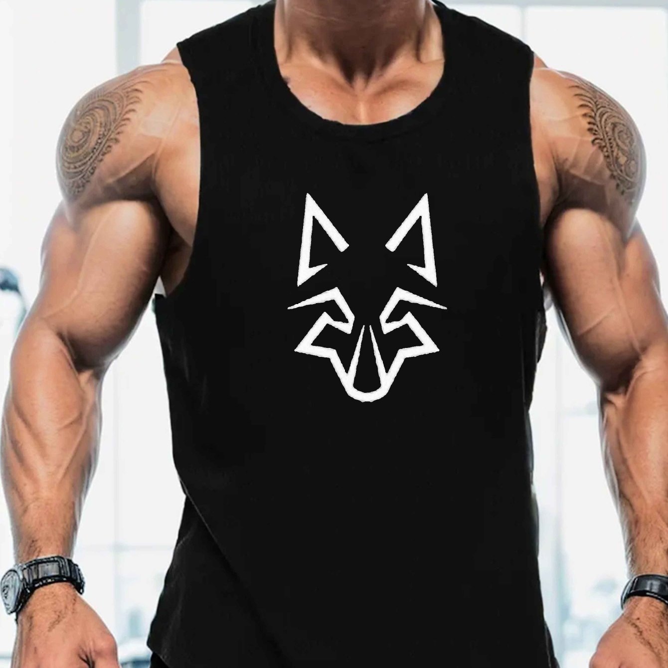 Men's Large Polyester Geometric Wolf Head Design Summer Vest Sports Regular Fit