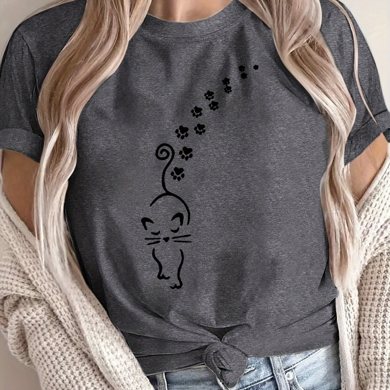 Women's Plus Size Loose Fit Cat Print T-Shirt Breathable Polyester Casual Top