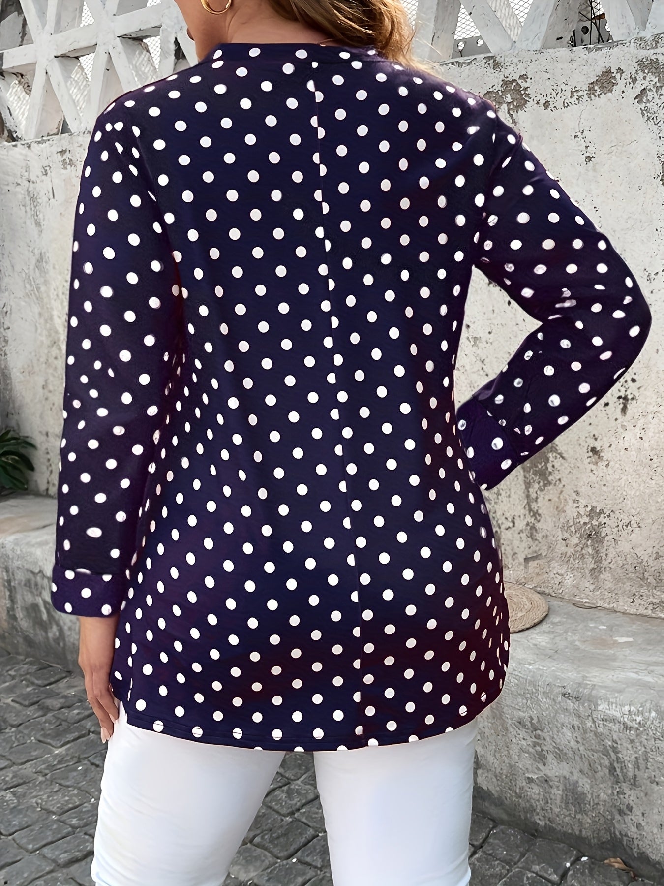 Plus Size Women's Polka Dot V-Neck Long Sleeve Blouse Black White Office Wear