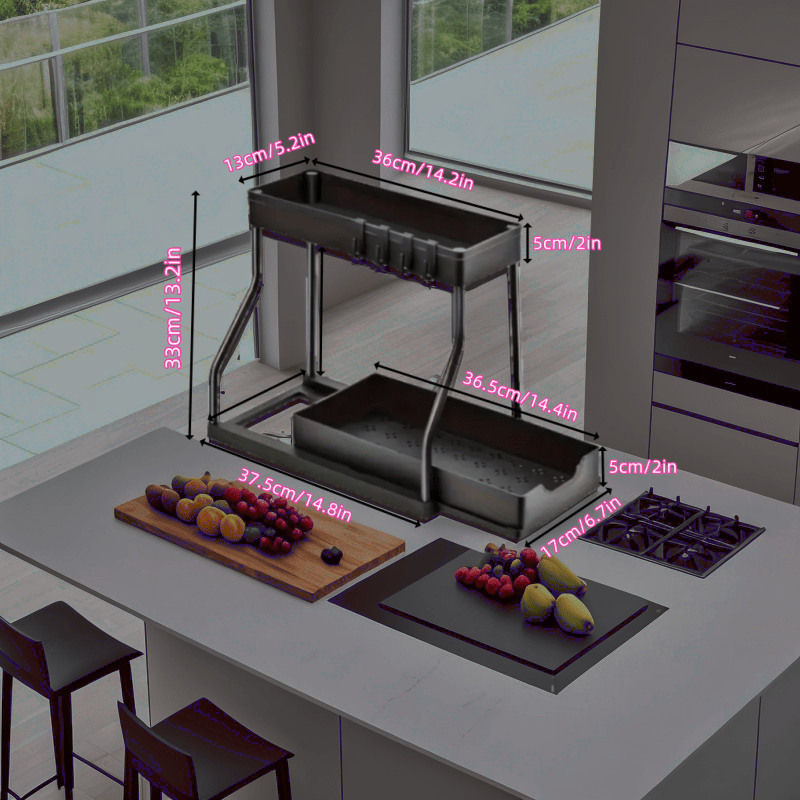 Joyni tejovchi oshxona va hammom uchun tashkil etuvchi rack, tortib chiqariladigan idish-tovoq qutisi bilan