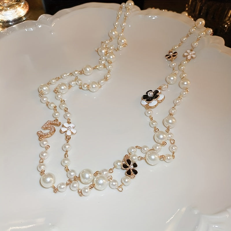Vintage-Inspired Long Chain Necklace with Faux Pearls and Multilayered Design