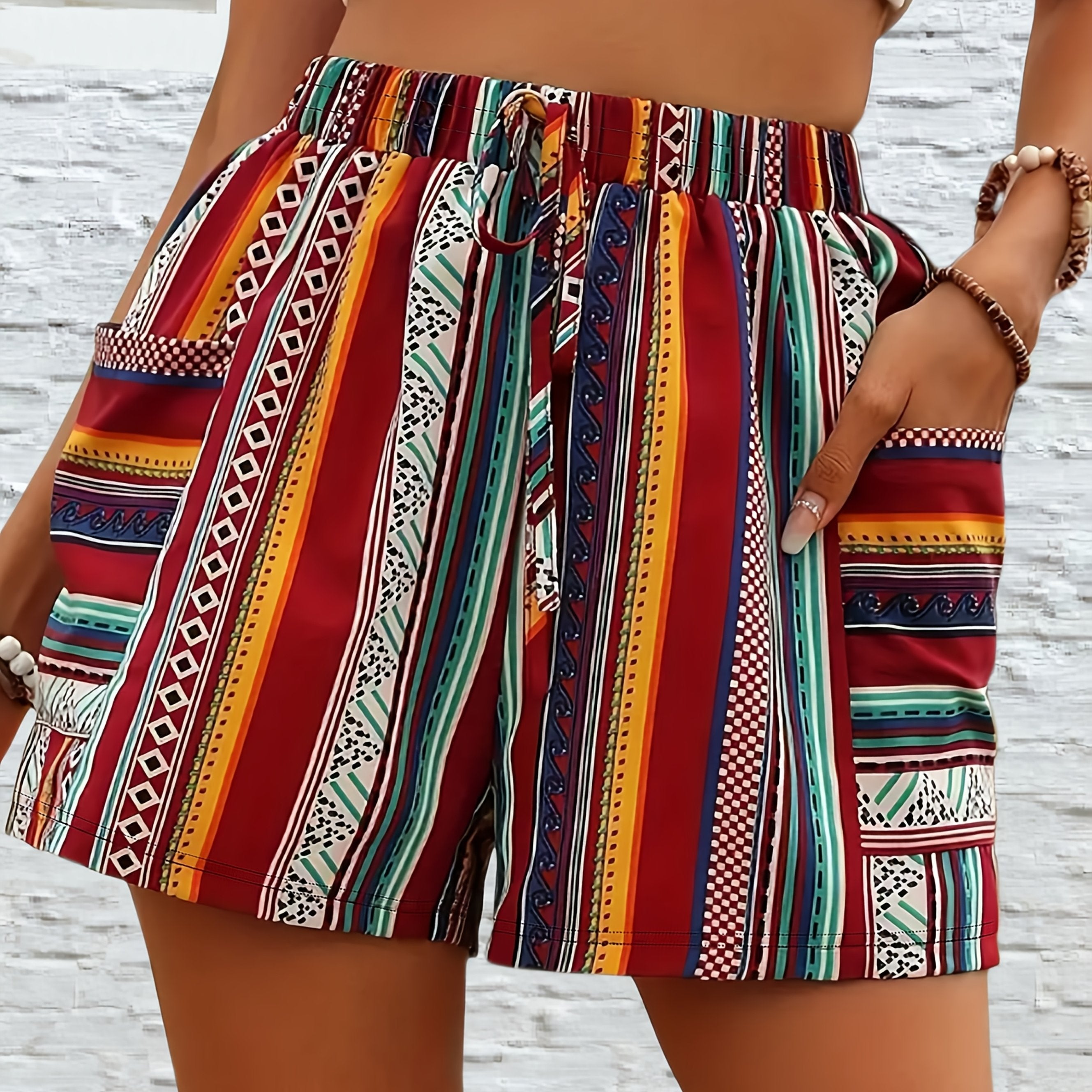 Women’s Bohemian High-Waisted Shorts Polyester Striped Pockets Summer Plus Size
