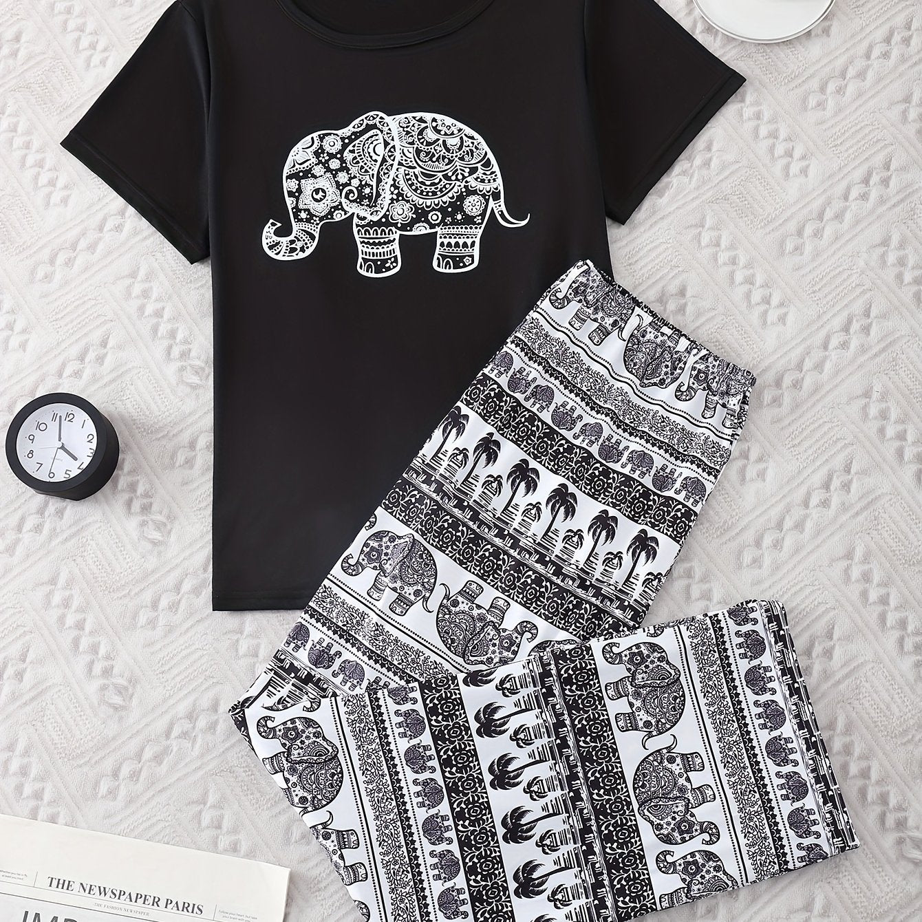 Plus Size Women's Pajama Set Polyester Knit Elephant Print Comfortable Loungewear