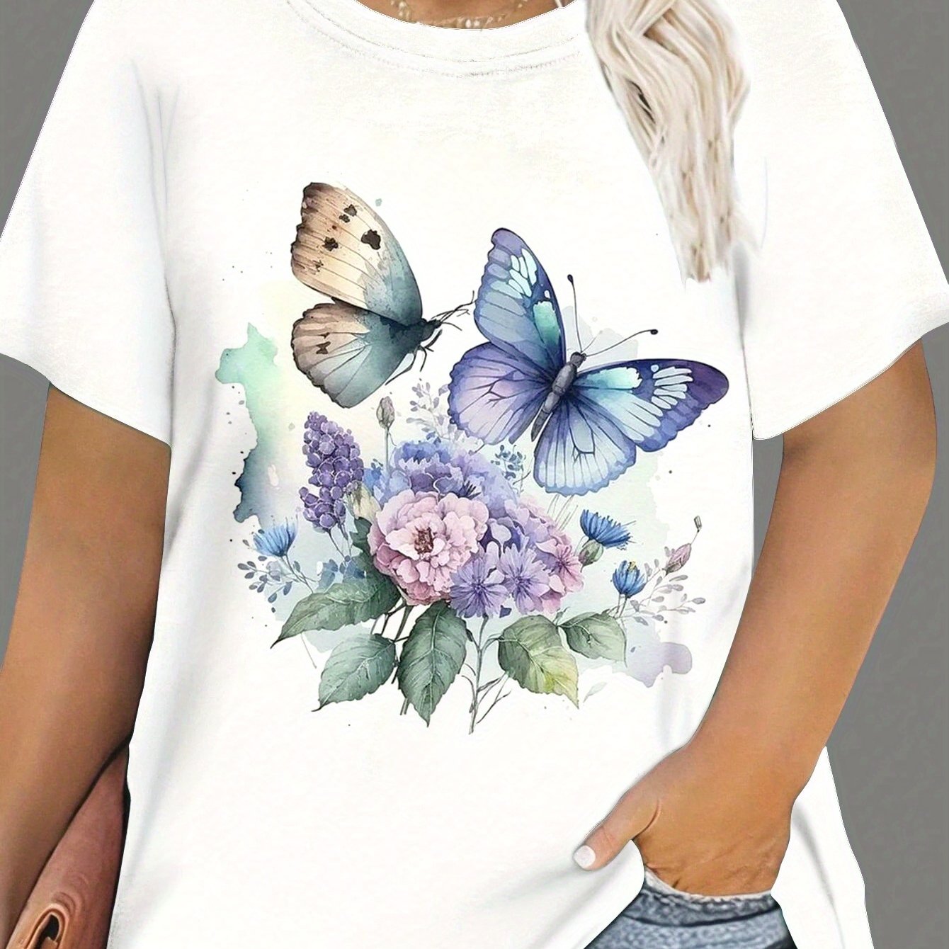 Plus Size Women's Butterfly Print Polyester Crew Neck T-Shirt All-Season