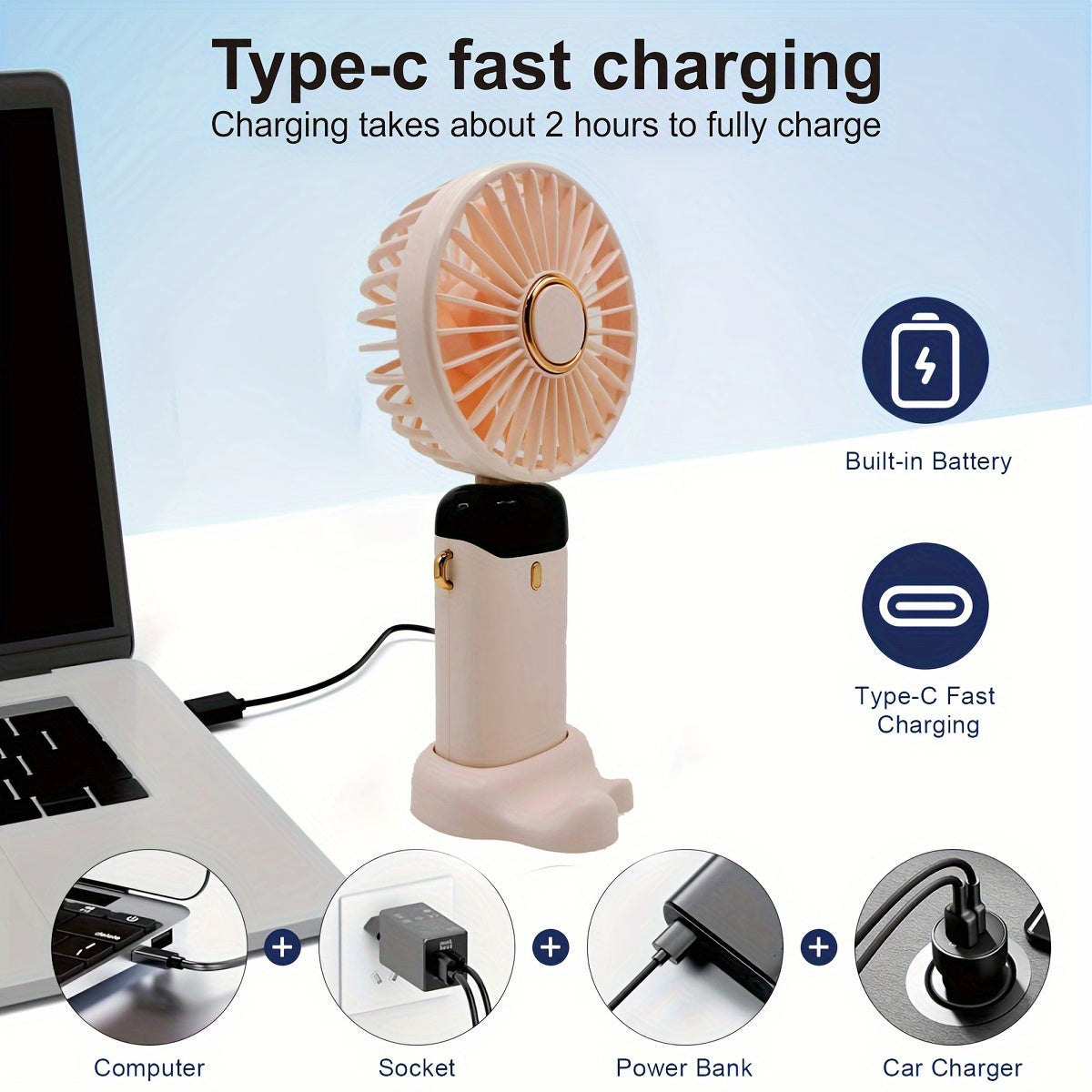 Mini Fan with LED Display, Collapsible Neckband, Rechargeable USB, 5-Speed