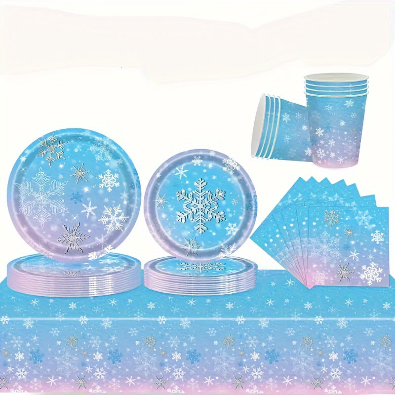 Set de vajilla temática de Frozen para 10 invitados, platos, vasos y servilletas con copos de nieve