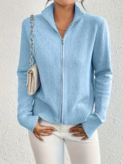 Plus Size Women's Light Blue Zip-Up Cardigan Long Sleeve Fall Winter Knitwear