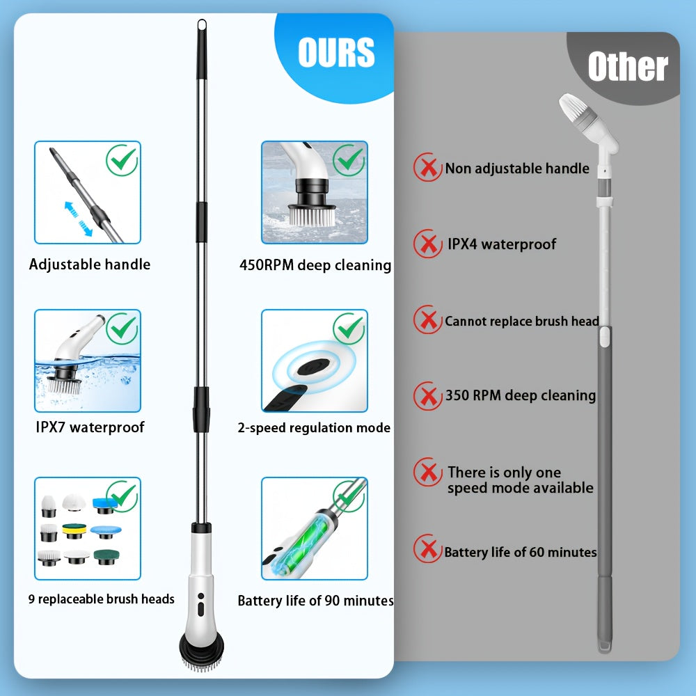 White Electric Cleaning Brush with Long Handle USB Rechargeable 2000mAh Battery