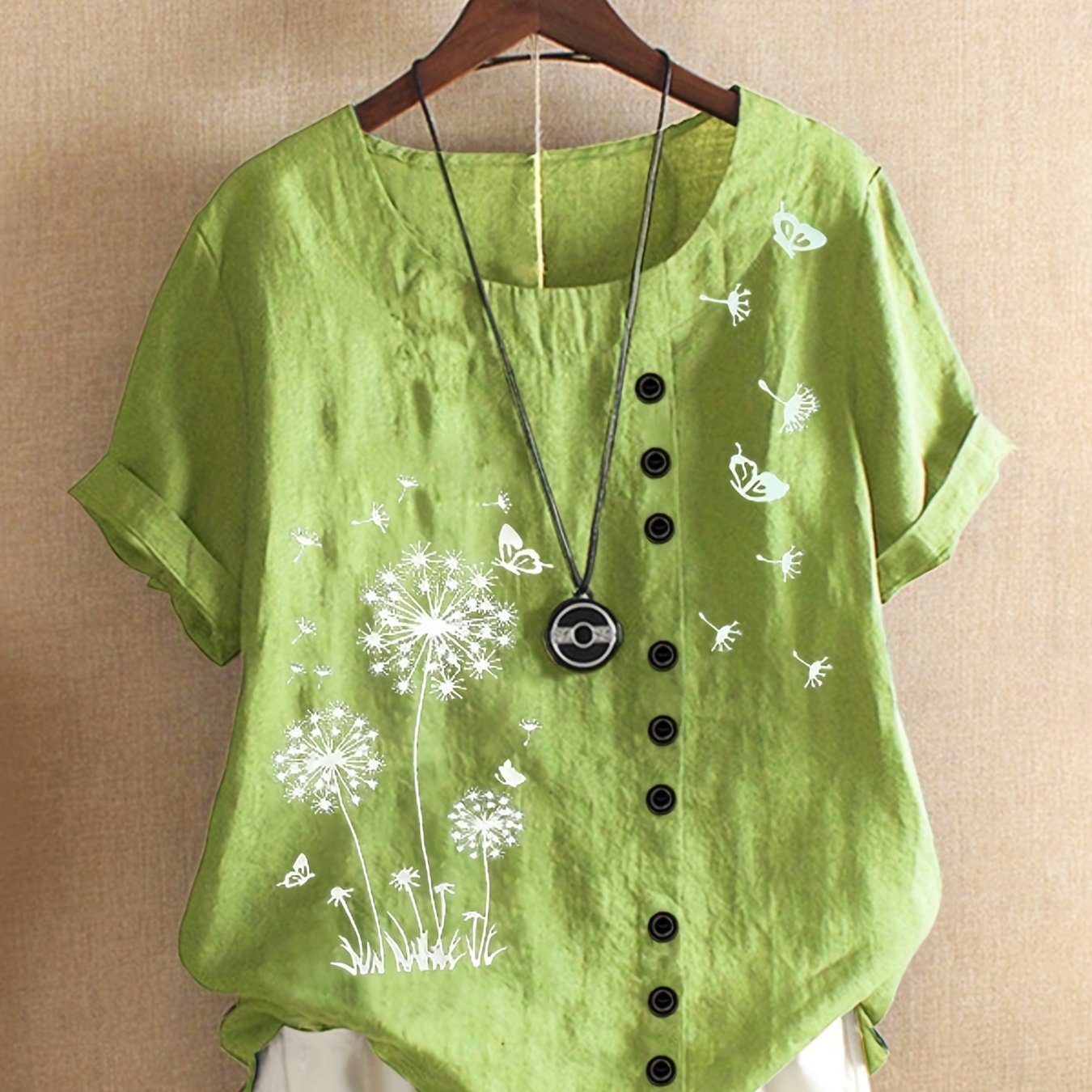 Plus Size Dandelion Print Short Sleeve T-Shirt Women Casual Crew Neck Summer