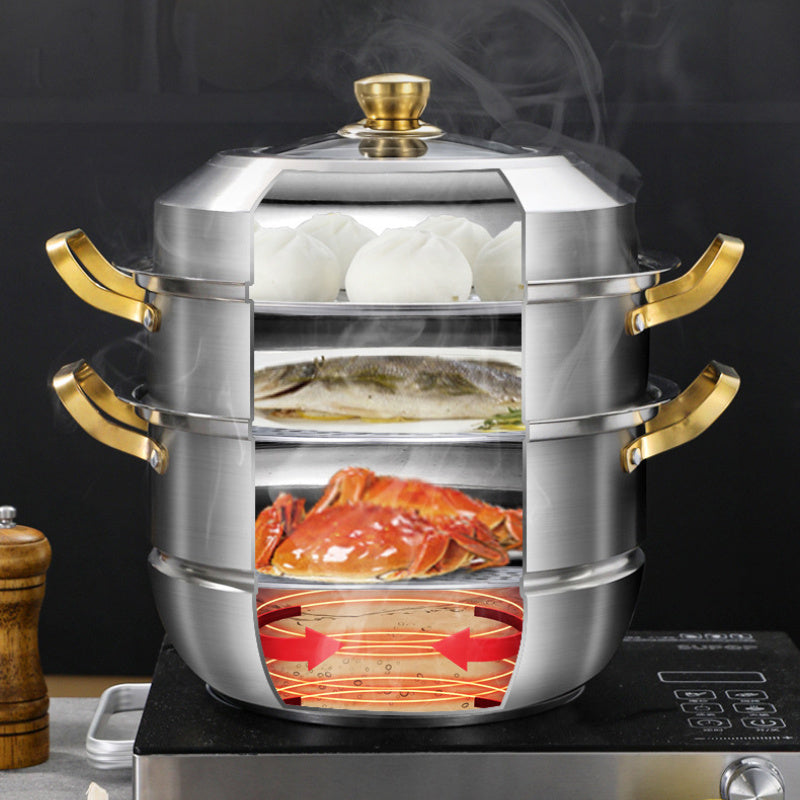 Stainless Steel Double Layer Steamer Pot 27.94cm with Multi-Tiered Dumpling Insert