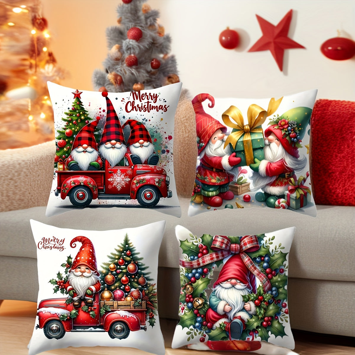 Christmas Gnome and Truck Throw Pillow Cover Zippered Polyester Living Room Decor