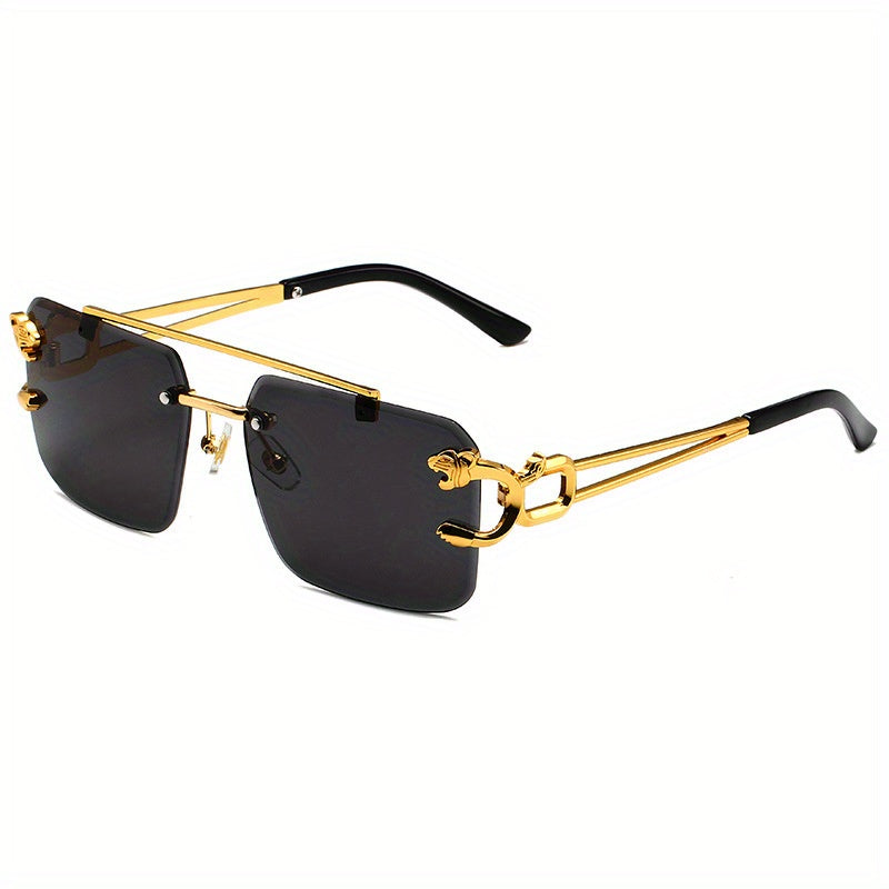 Unisex Rimless Double Bridge Square Metal Glasses with Gold Leopard Temples