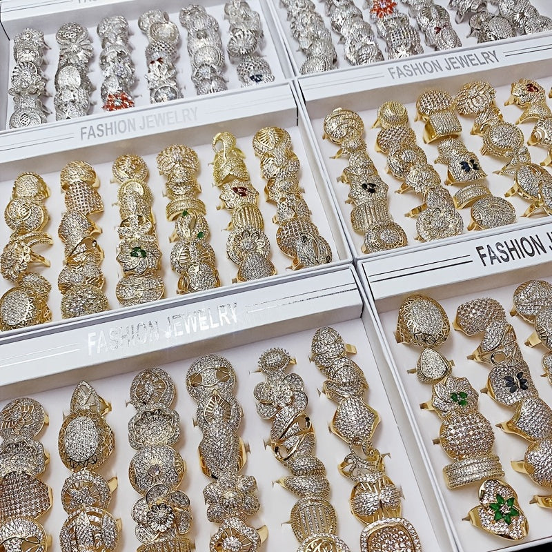 Juego de 10 anillos de cobre con zirconia sintética incrustada para mujeres, estilo elegante de alta gama para bodas, fiestas y uso diario